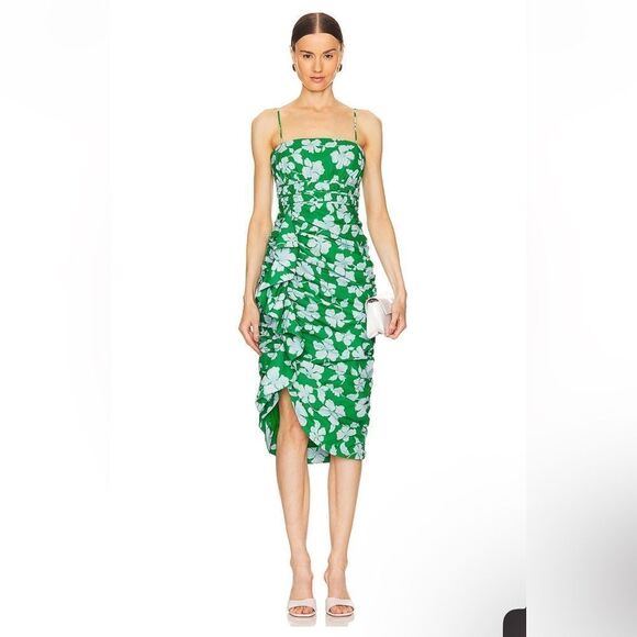 $448 Olly Ruched Midi Dress in Frog Flower NWT - Picture 2 of 13